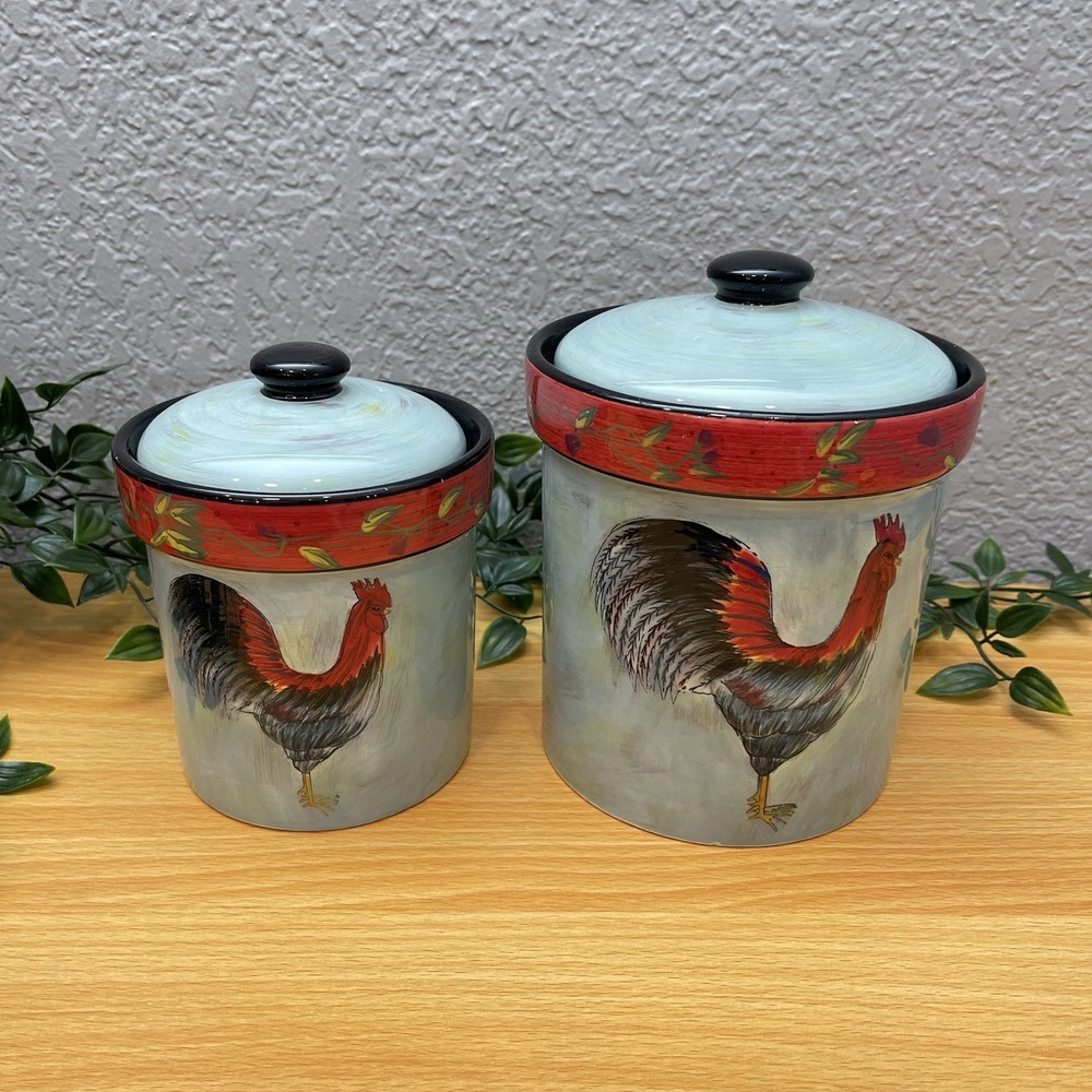 Vintage Certified International Susan Winget Le Rooster Ceramic Canisters Set 2